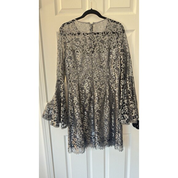 WHBM Silver Metallic Lace Bell Sleeve Mini BodyCon Party Coctail Dress Sz 12 NEW - Picture 6 of 10
